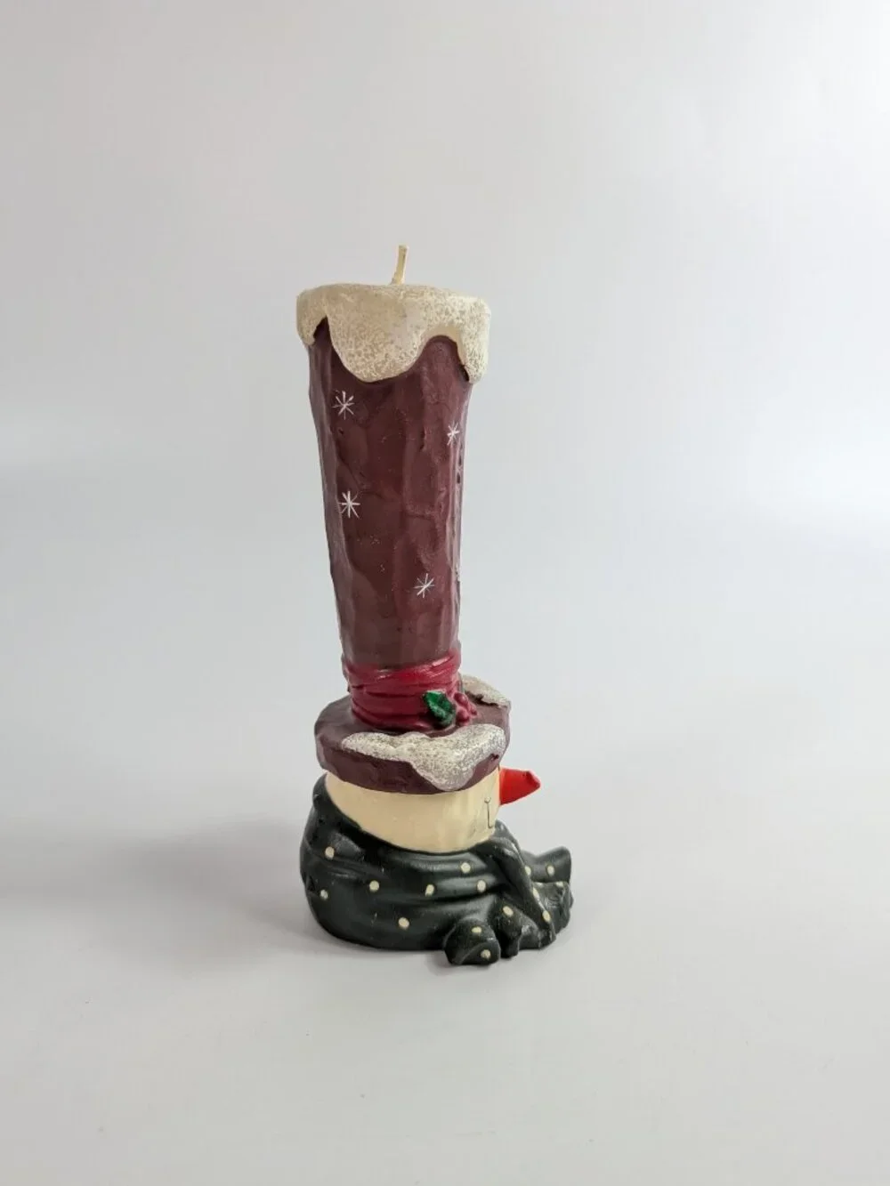 Large Vintage Snowman Candle Tall Red Hat and Green Scarf New 6